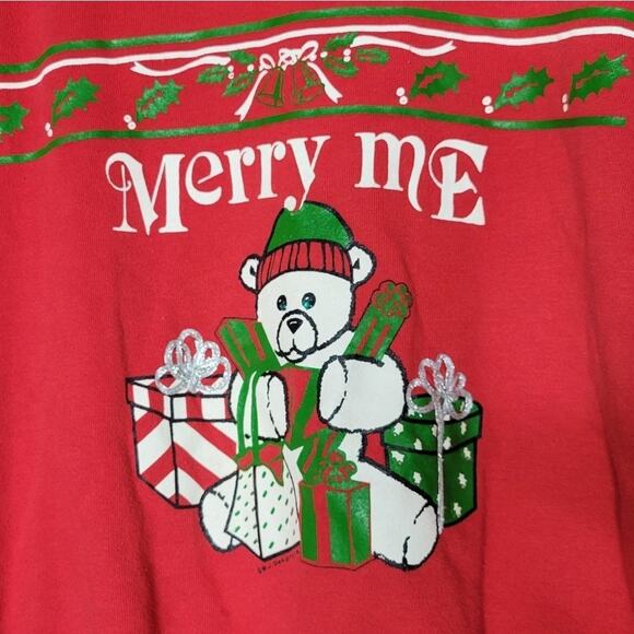 Vintage 80s Christmas Teddy Bear “Merry Me” Sweatshirt USA Made, sz Large - Picture 2 of 6